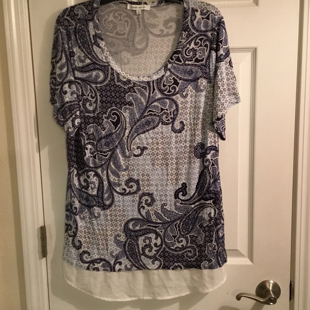 Rose & Olive Blue and White Paisley Blouse